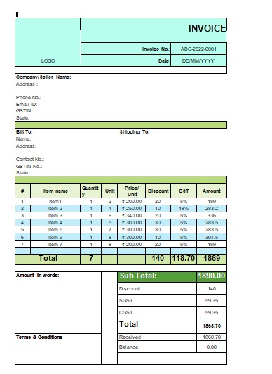 GST Invoice Format With Discount