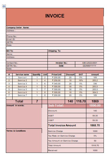 GST Invoice Format With Service Charges