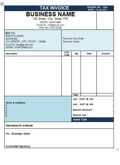 Invoice format in word