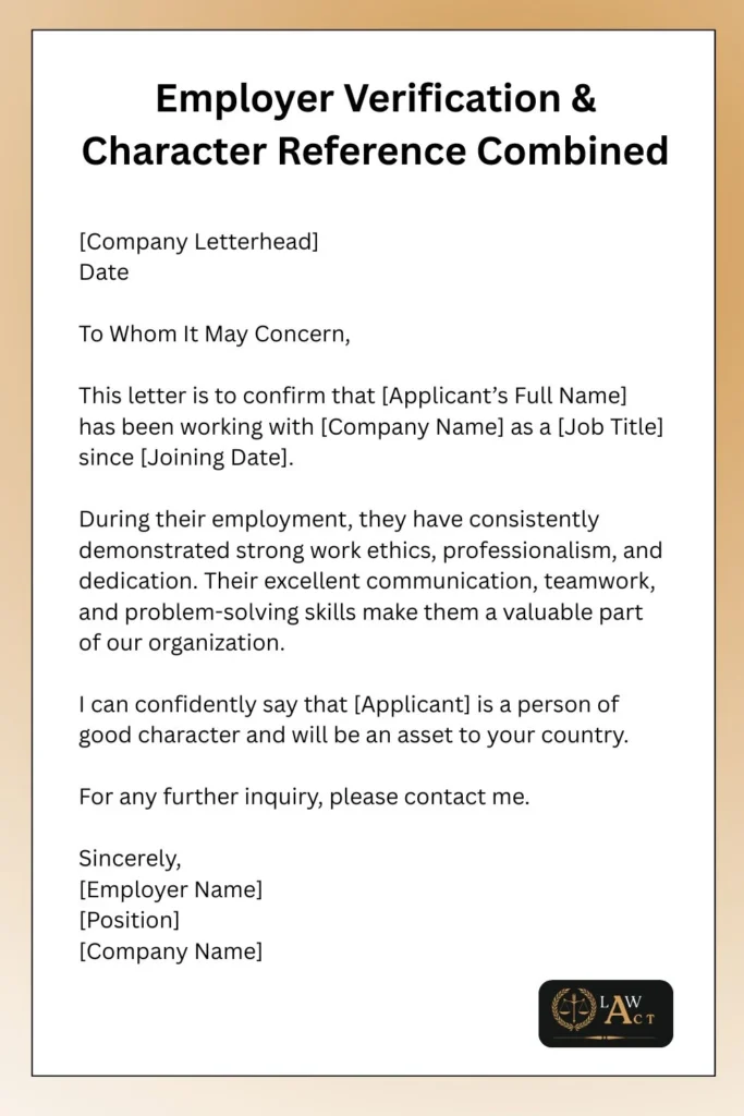 Reference Letter Format for Immigration 8 | Law Act Employer Verification & Character Reference Combined