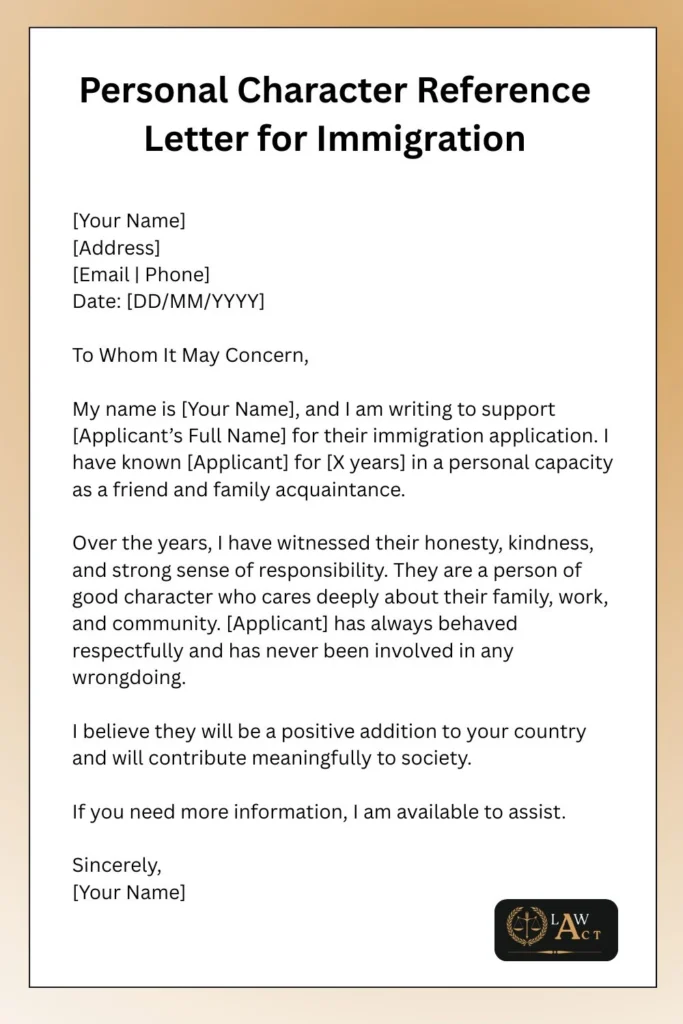 Reference Letter Format for Immigration 5 | Law Act Personal Character Reference Letter for Immigration