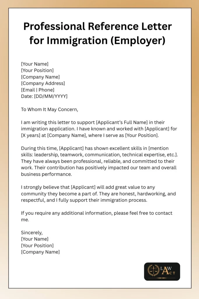 Reference Letter Format for Immigration 4 | Law Act Professional Reference Letter for Immigration (Employer)