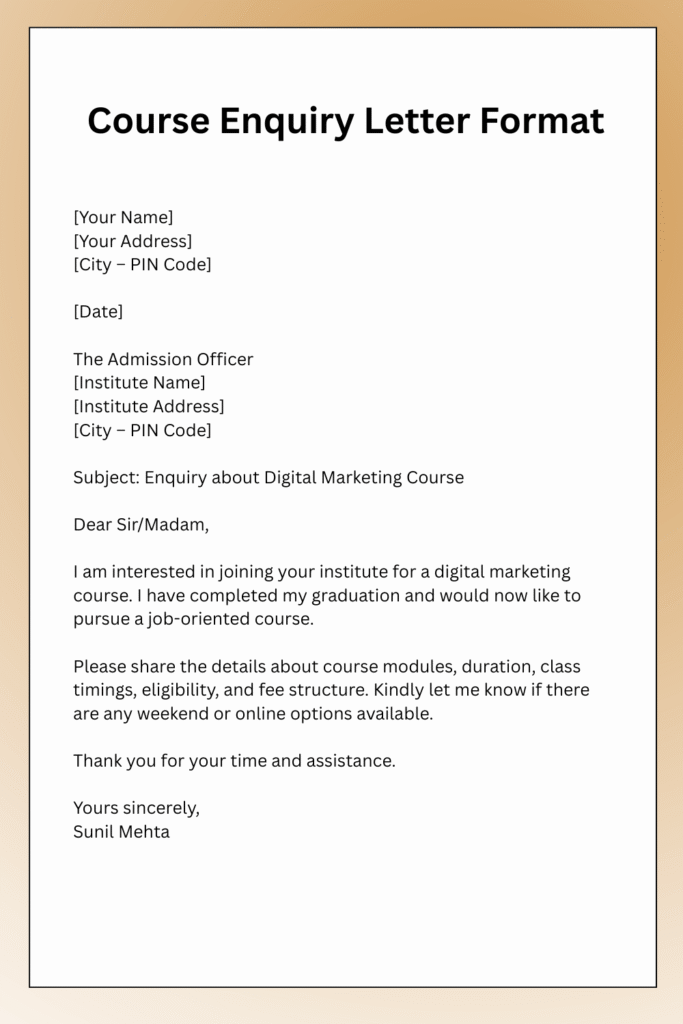 Enquiry Letter Format Examples 6 Course Enquiry Letter Format