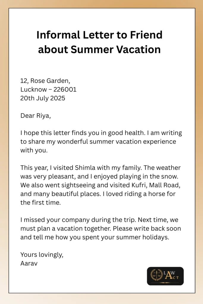 Informal Letter to Friend about Summer Vacation