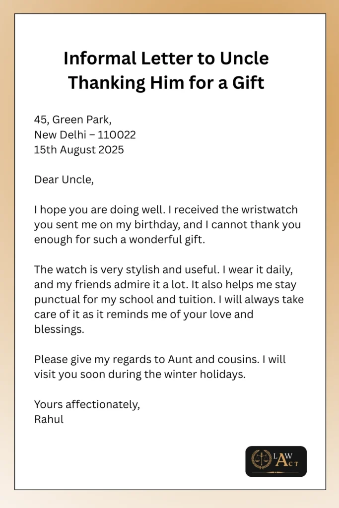 Informal Letter to Uncle Thanking Him for a Gift