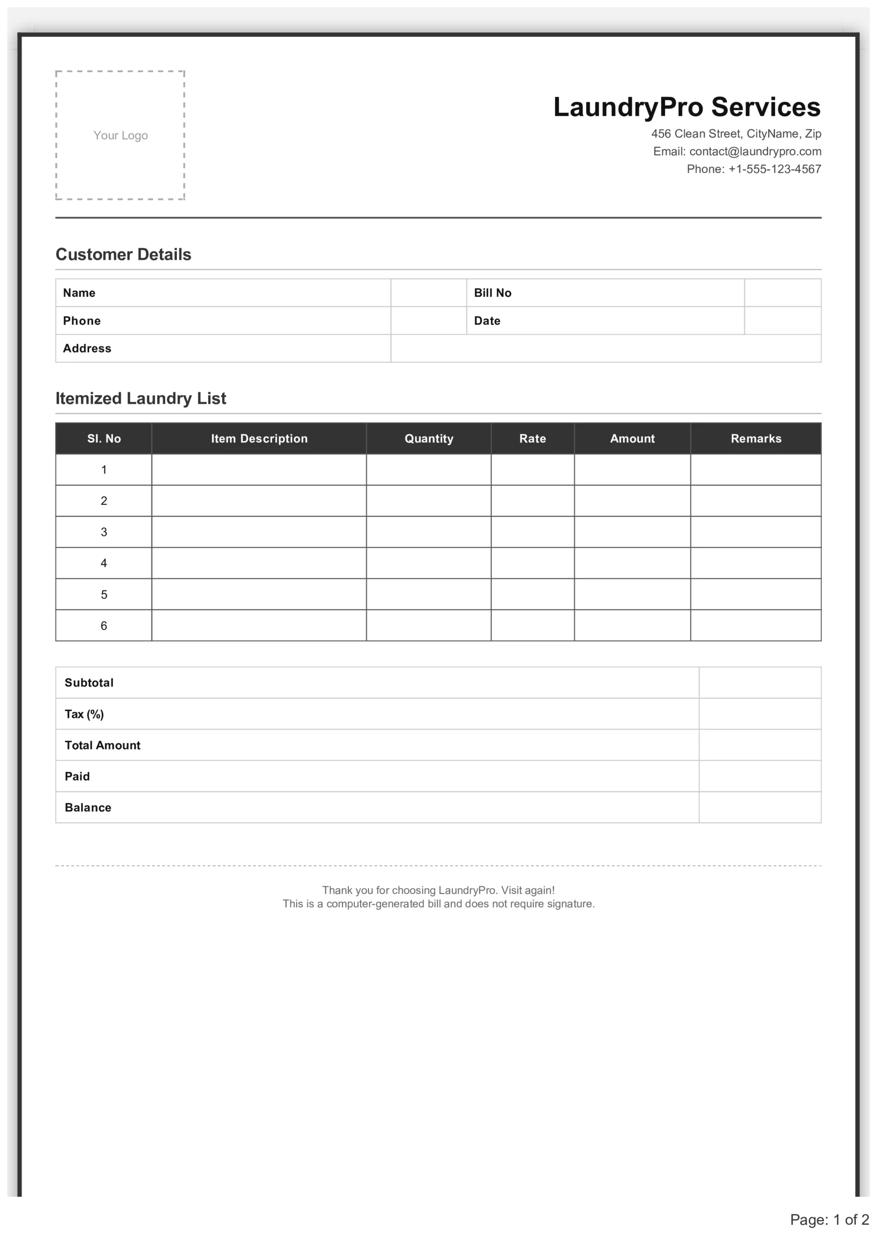 Laundry Bill Format