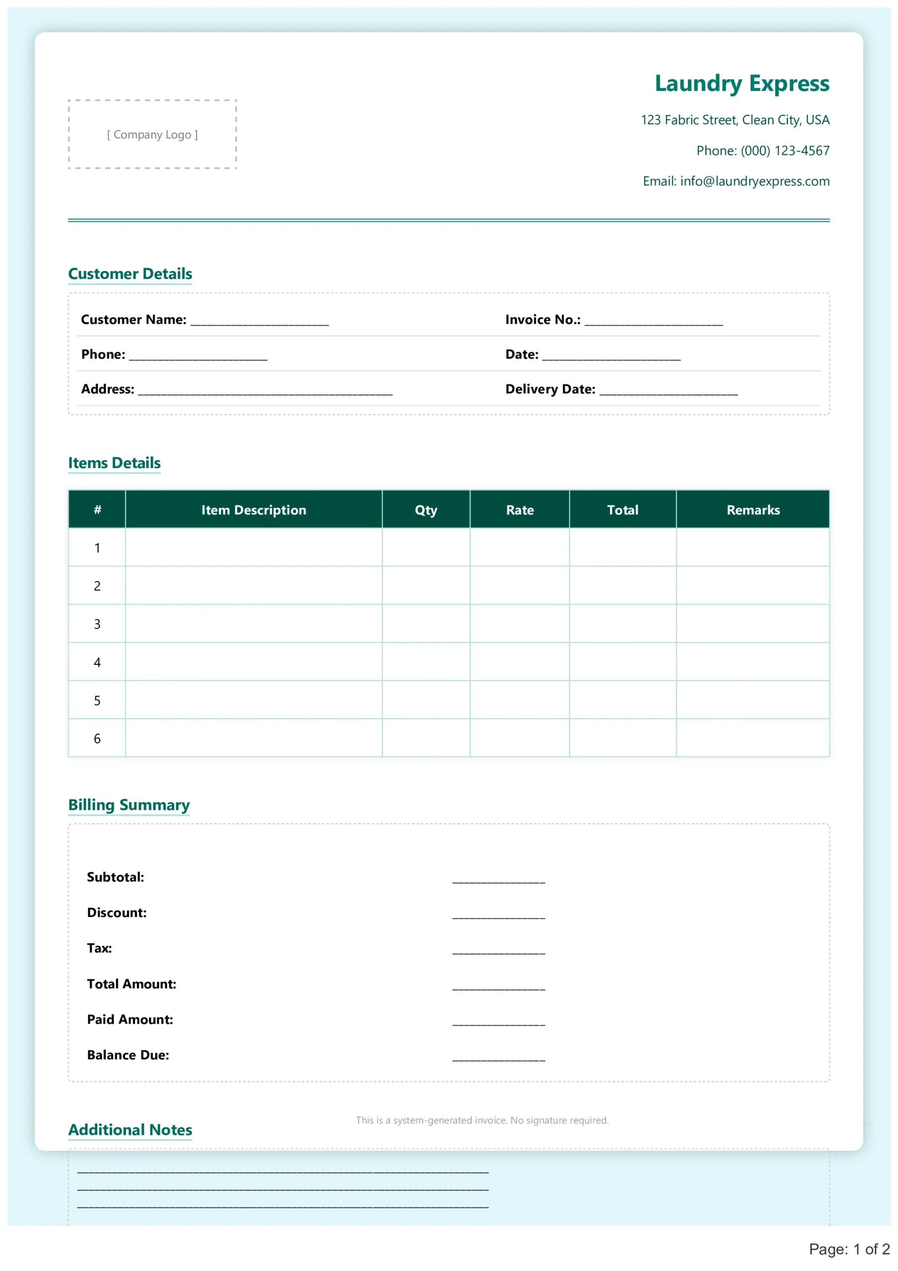 Laundry Bill Format
