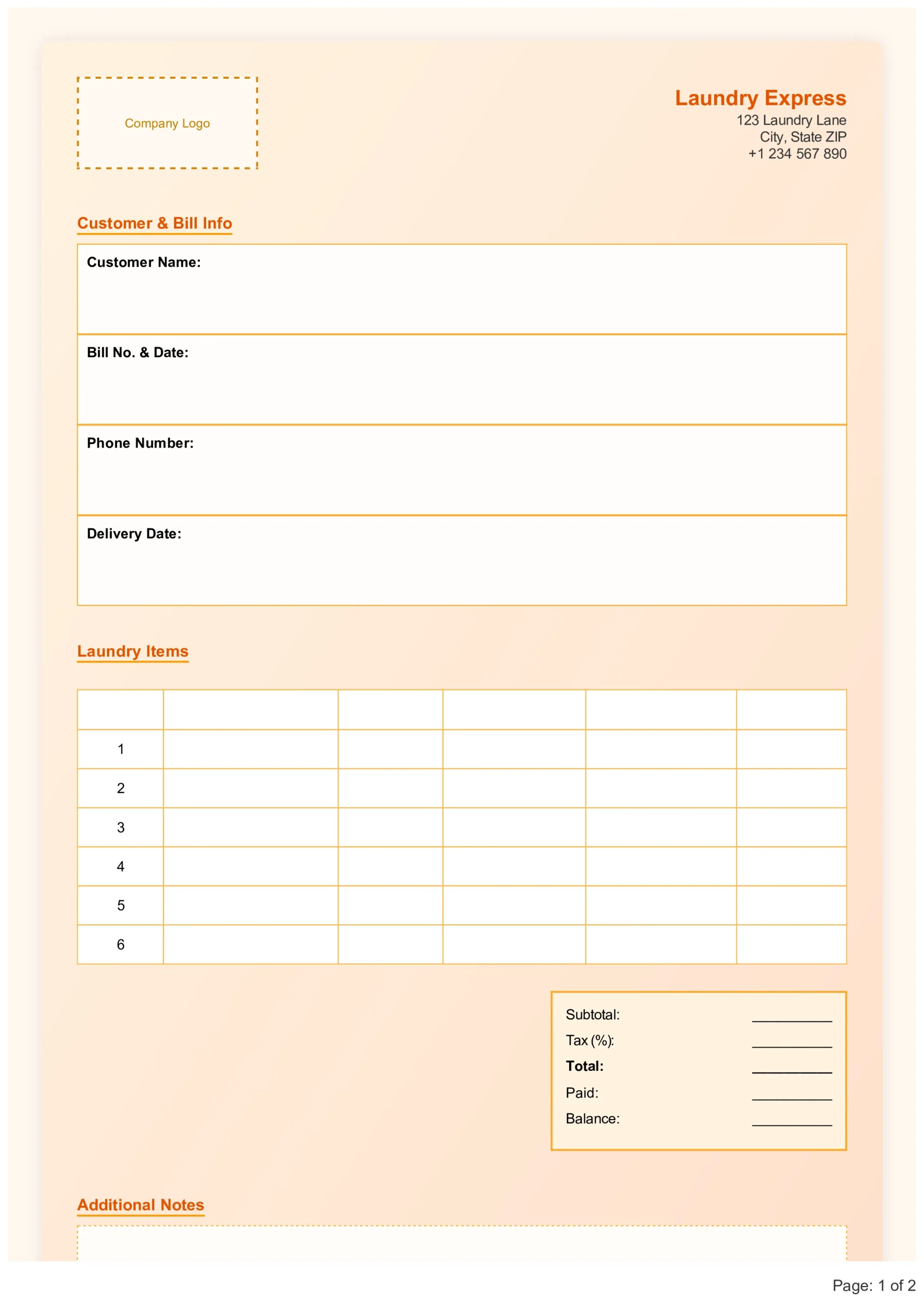 Laundry Bill Format