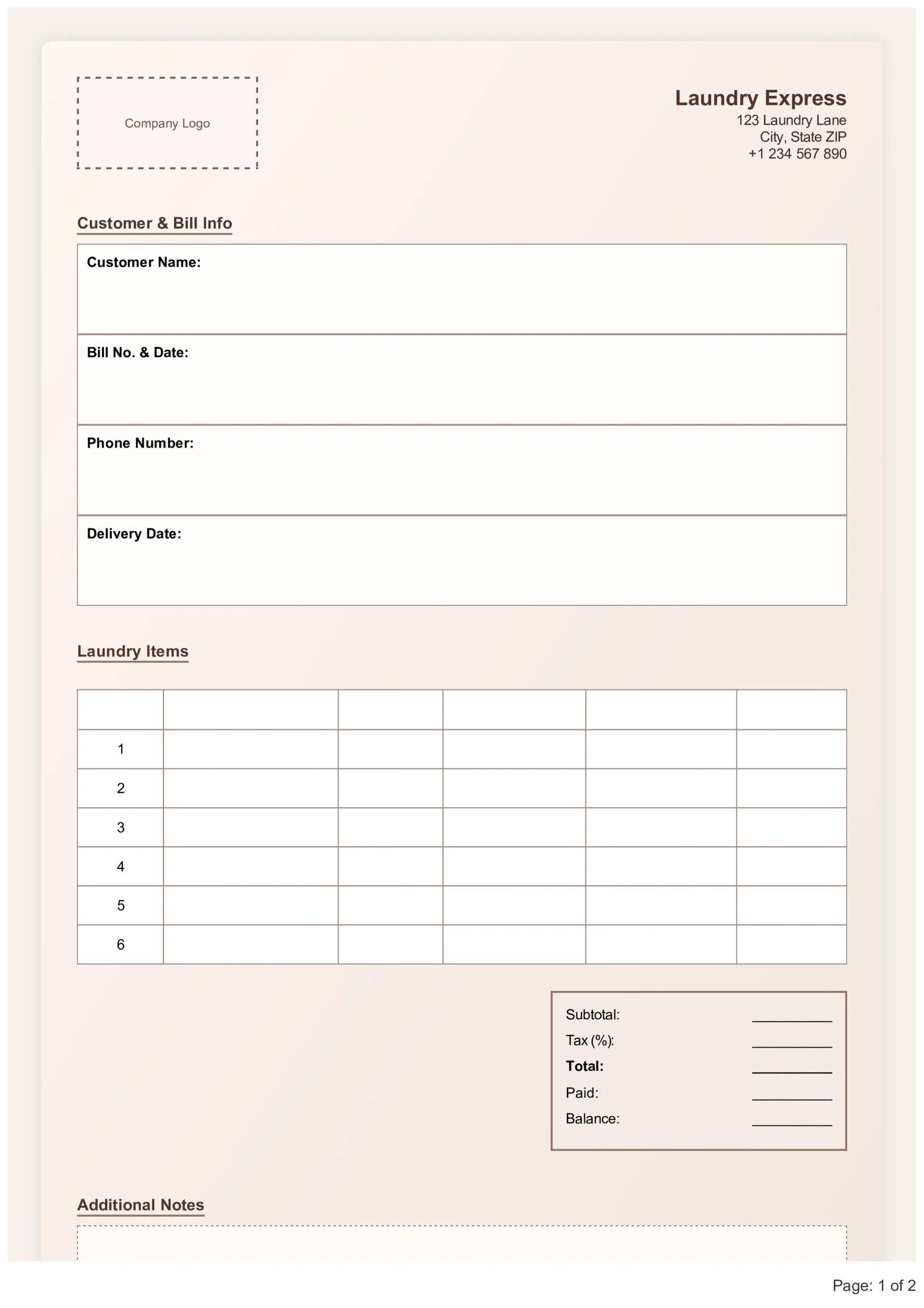 Laundry Bill Format