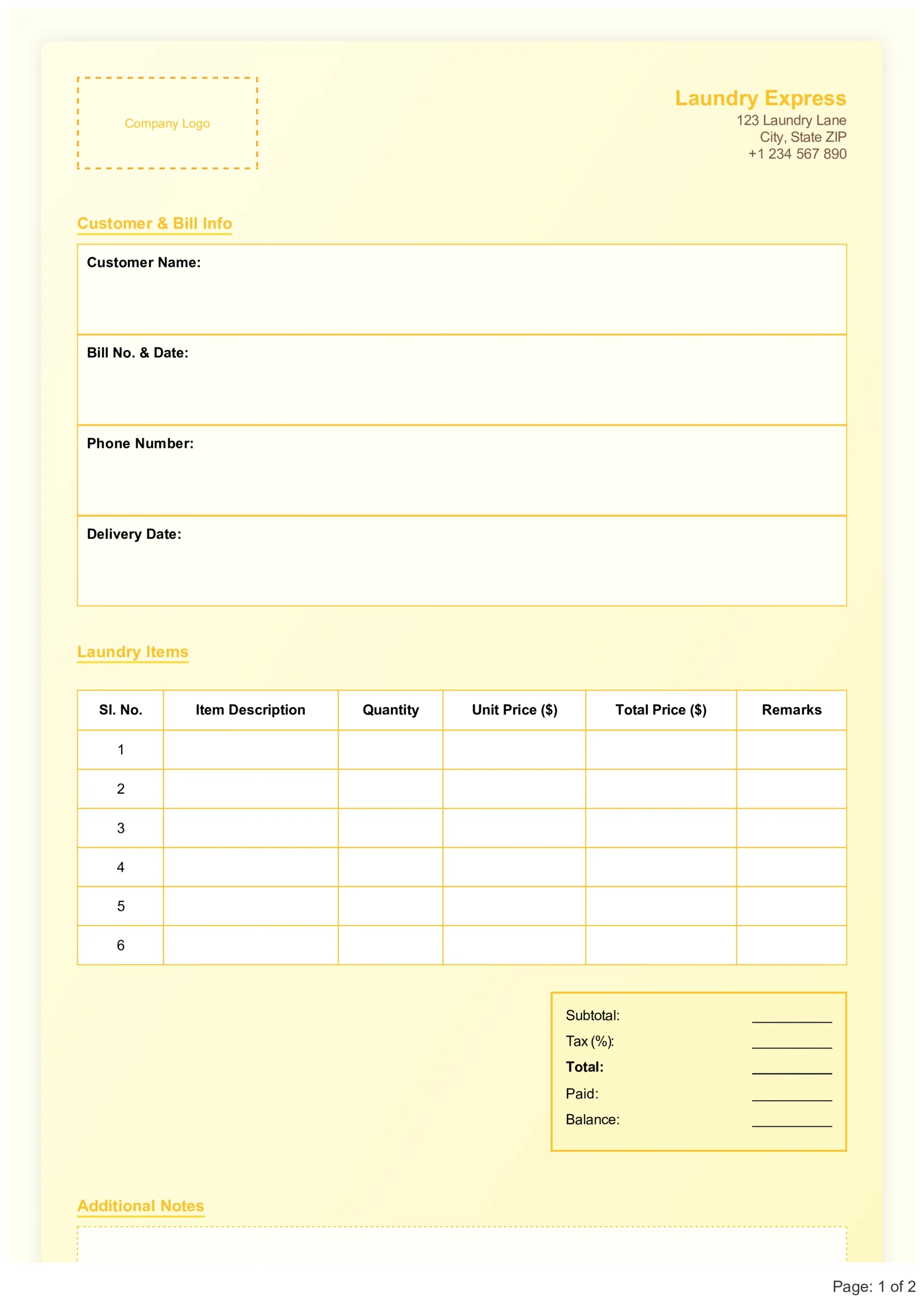 Laundry Bill Format