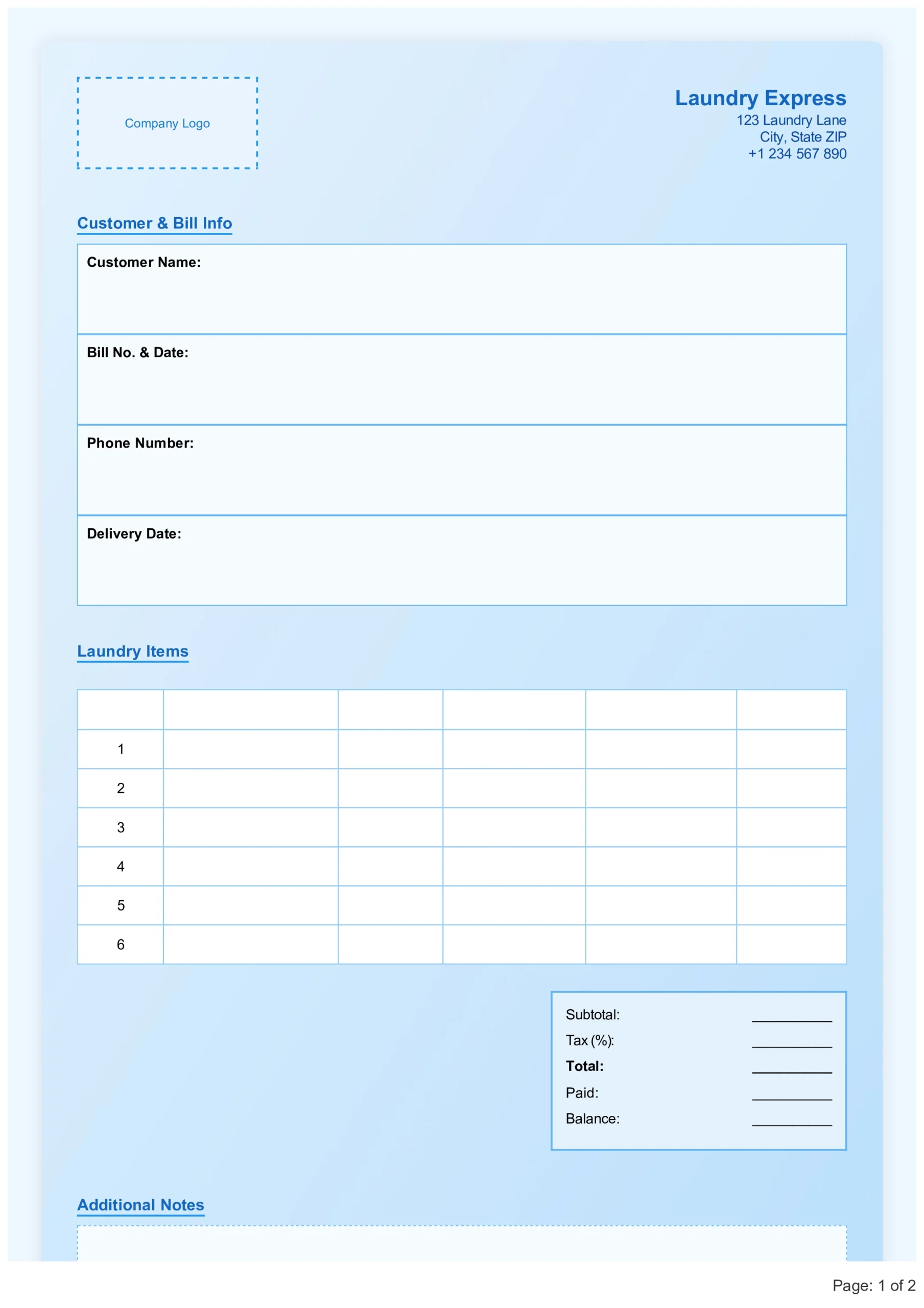 Laundry Bill Format