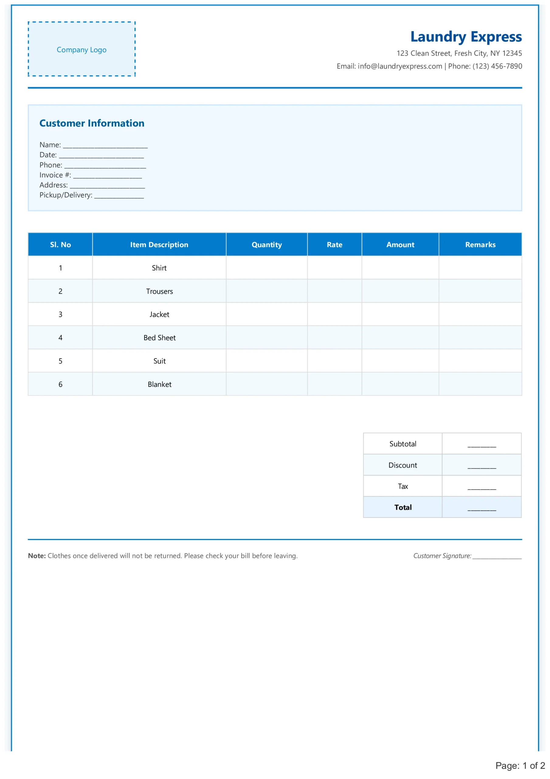Laundry Bill Format