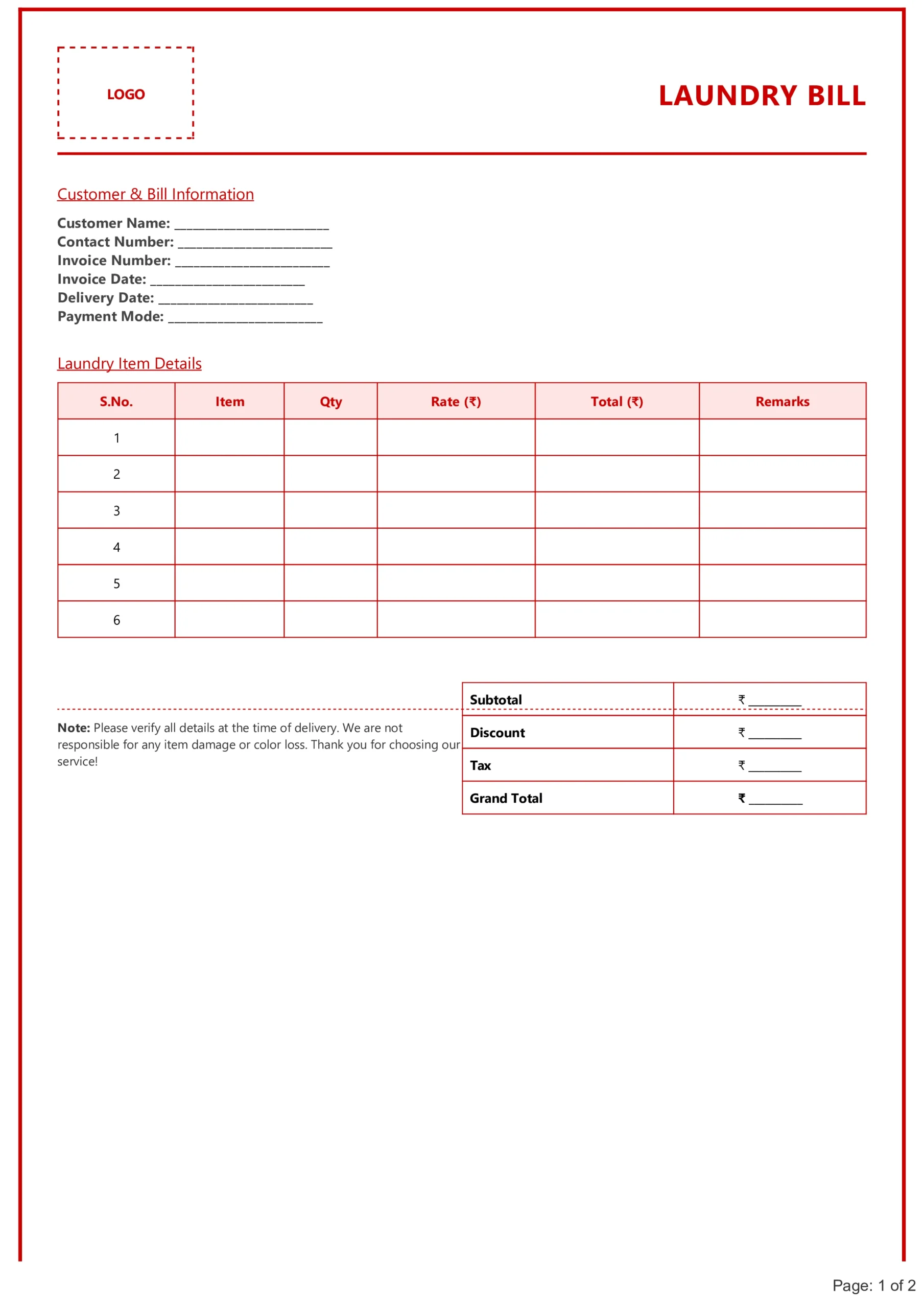 Laundry Bill Format