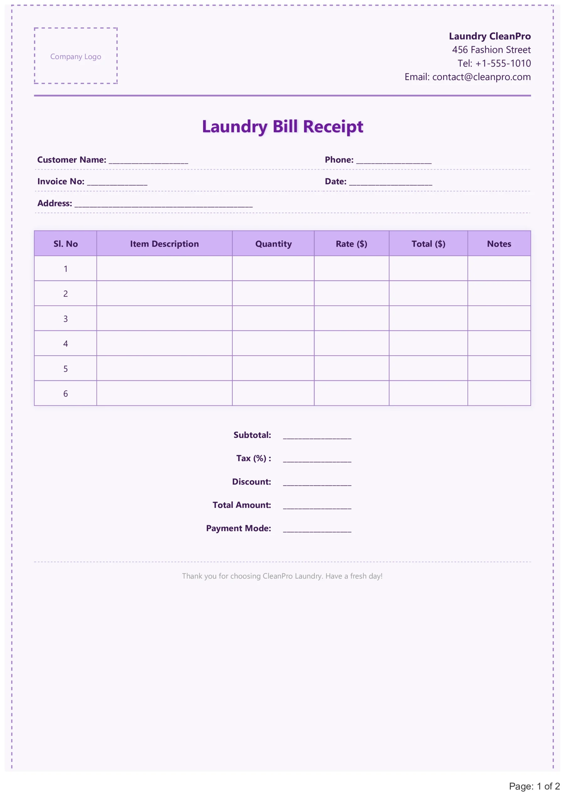 Laundry Bill Format