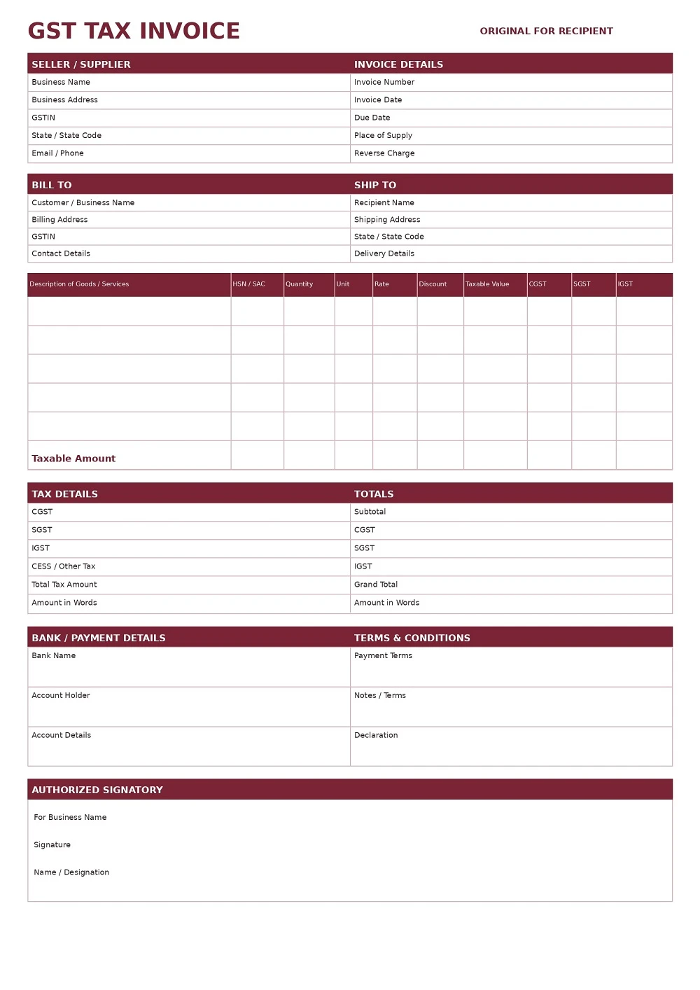 GST Invoice Format in Excel, Word, Pdf 5 | Law Act GST Invoice Format