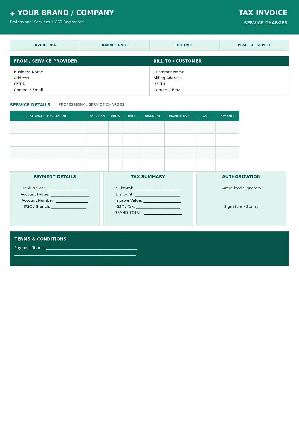 GST Invoice Format With Service Charges