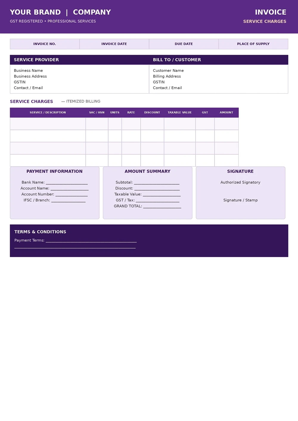 GST Invoice Format With Service Charges